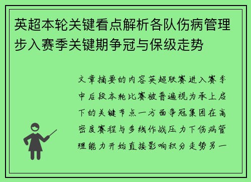 英超本轮关键看点解析各队伤病管理步入赛季关键期争冠与保级走势 英超本轮关键看点解析各队伤病管理步入赛季关键期争冠与保级走势